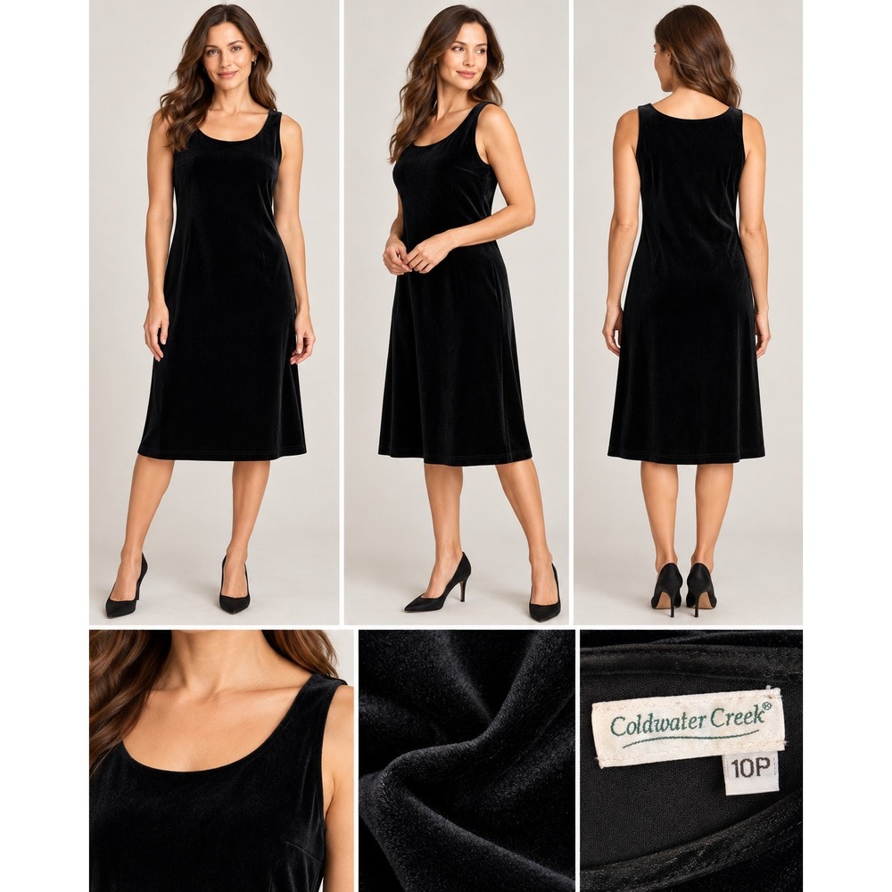 Coldwater Creek Black Velvet Sleeveless Midi Dress Petite 10P A-Line Scoop Neck